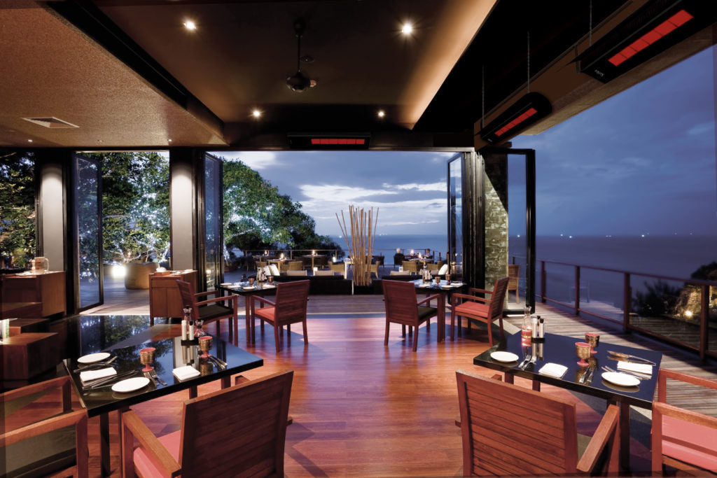 Sunstar Glass Series infrared patio heaters at a restaurant patio