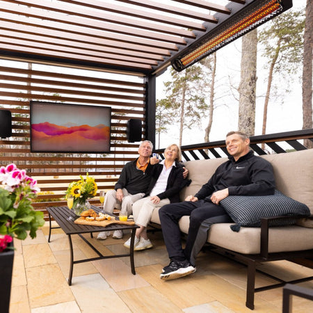 Bromic Tungsten Smart-Heat Electric Patio Heater installed over an outdoor seating area