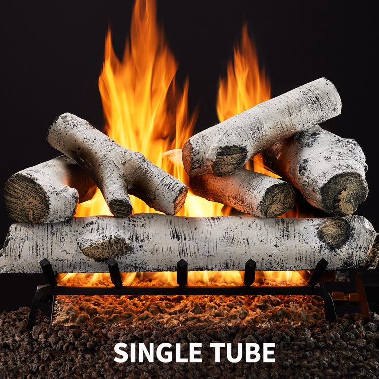 Single-tube vented gas burner shown with log set