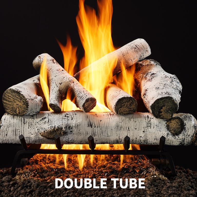 Double-tube vented gas burner shown with log set