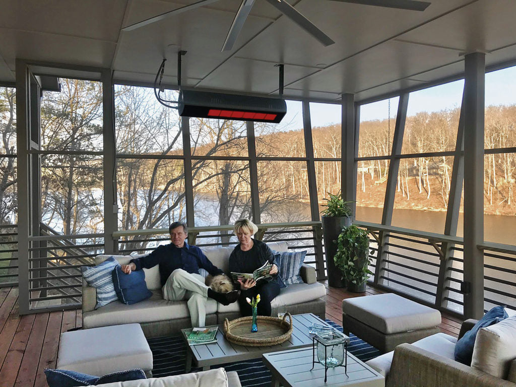 Sunstar Glass Series infrared patio heaters installed overhead on a patio
