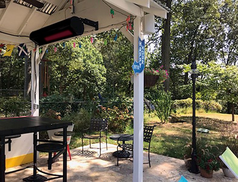 Sunstar Glass Series infrared patio heaters over an outdoor bar