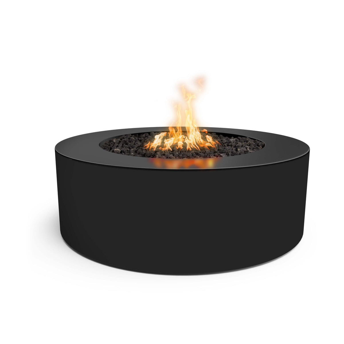 Black fire pit with flames on a white background
