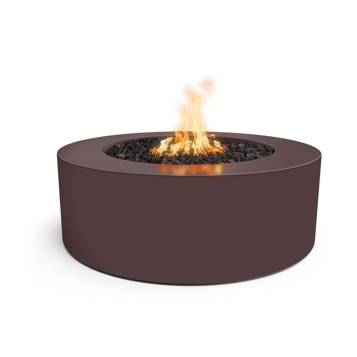 Round fire pit with flames on a white background
